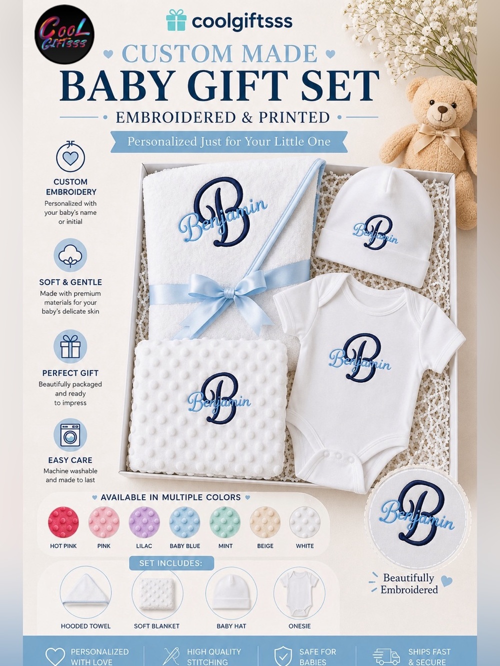 Custom Baby Gift Set - Custom made Towel, blanket, onesie, hat New personalized